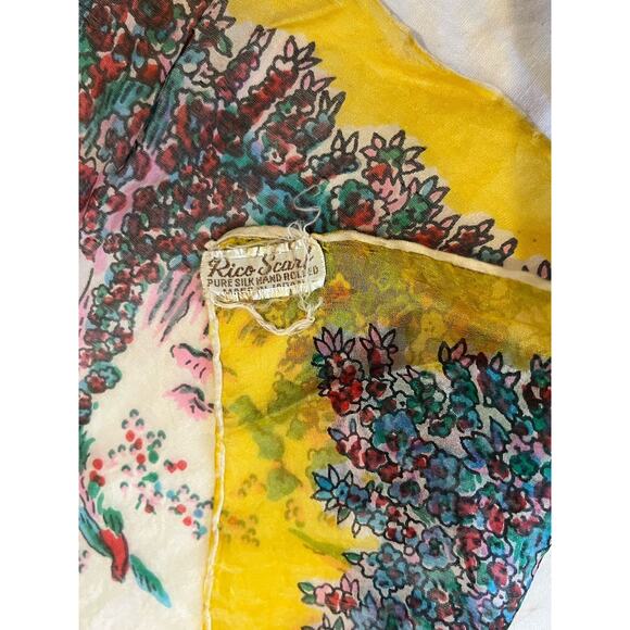 Vtg Rico Scarf Made in Japan Birds Yellow Square 100% Silk Hand Rolled 16.5” Sq - Picture 3 of 5